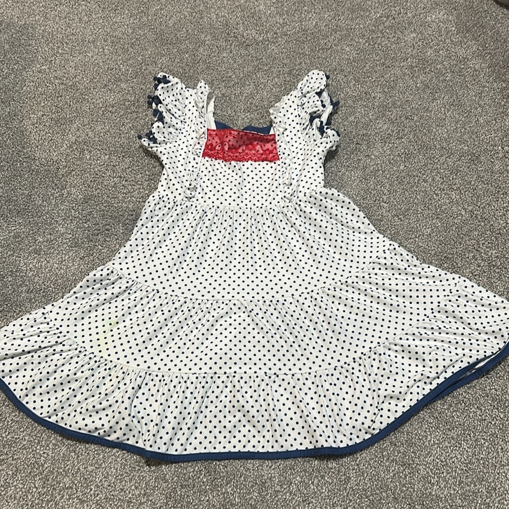 Cheeky Plum White Dress with blue polka dots and red lace 4th of July dress‎ 5T
